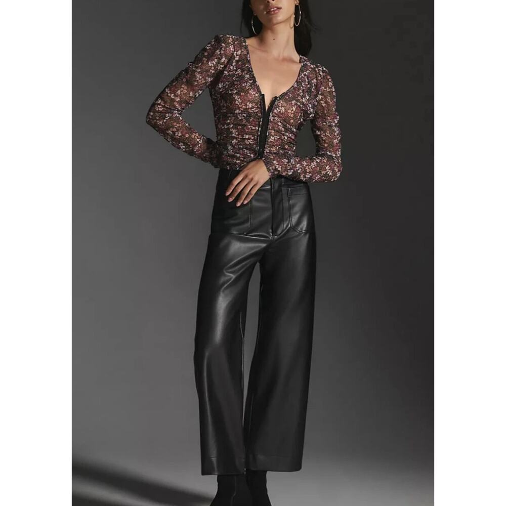 Anthropologie Maeve Colette Black Vegan Leather Wide‑Leg Crop Pants – Sz 28 NWT - Picture 2 of 11